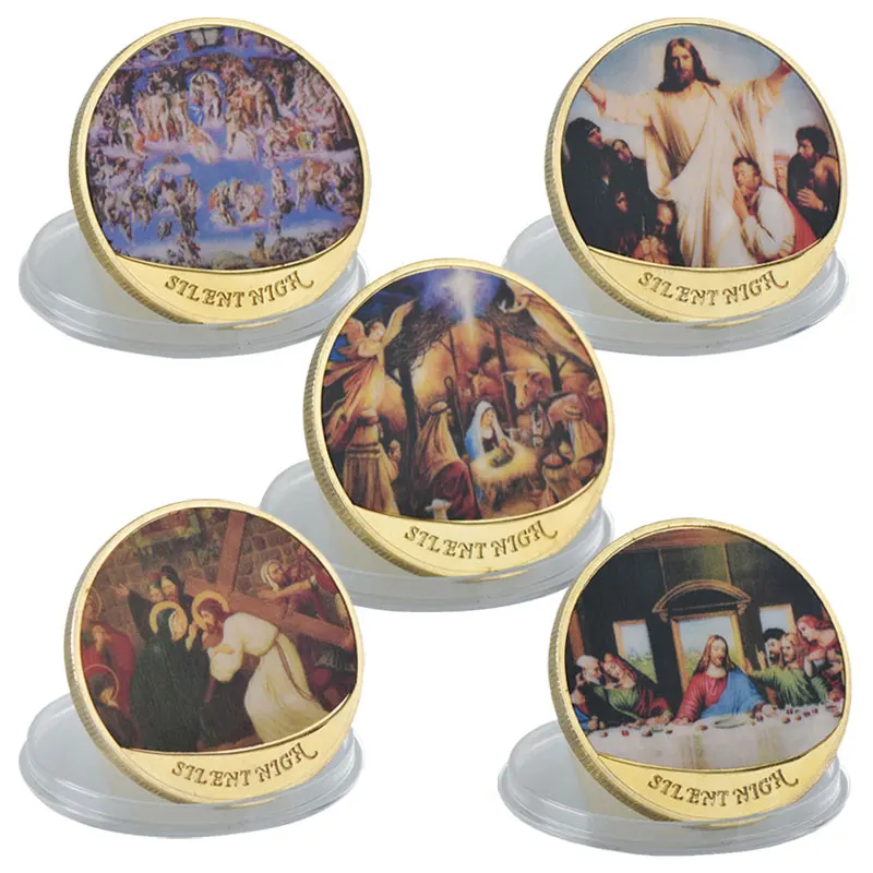 5 шт./лот позолоченные монеты Иисус Тихая Ночь принц мира евро коллекционные монеты россия для рождественского подарка - Цвет: 5 pcs coins
