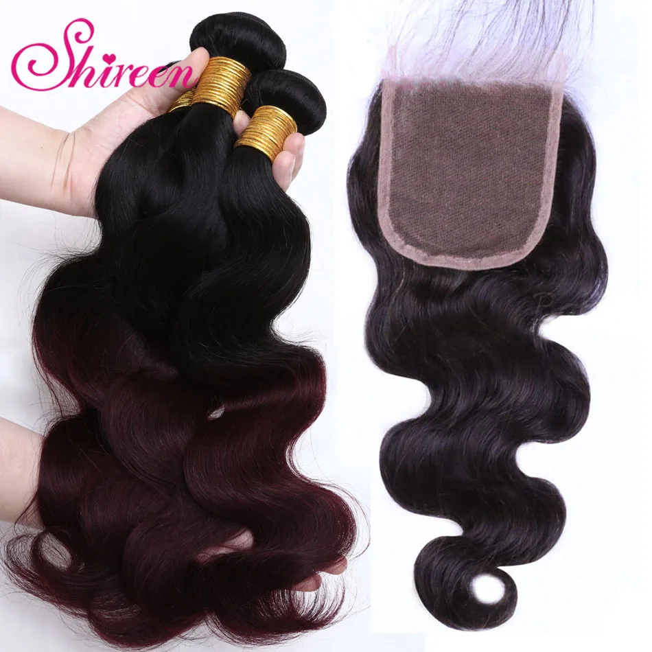 

Shireen Burgundy Bundles 1B99J Ombre Bundles With Natural Color Closure Brazilian Body Wave Ombre 3Bundles Ombre Human Remy Hair
