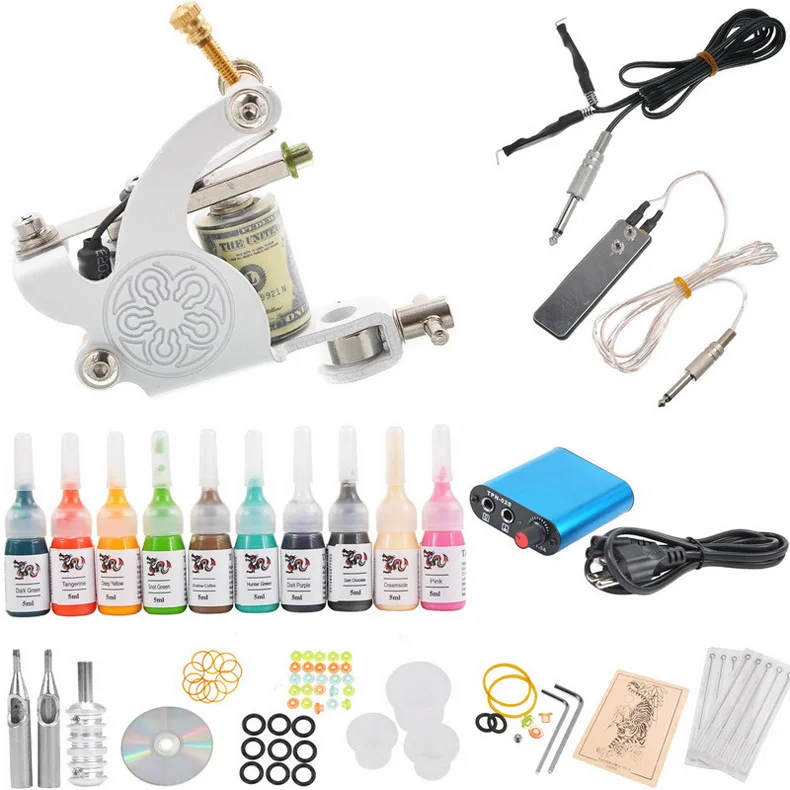

Tattoo Kit Machines 10 Colors Pigment Power Supply Needles Set Beginner Tattoo Equipment