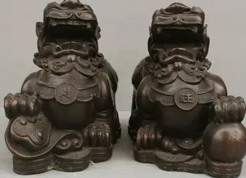 

14" China Bronze Foo Dog Pixiu Kylin Lions Lovely Unicorn Statue One Pair