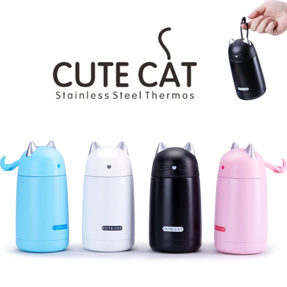 Kids Stainless Steel Thermos Cup Cartoon Cat Vacuum Flask Water Bottle 330ML UK 