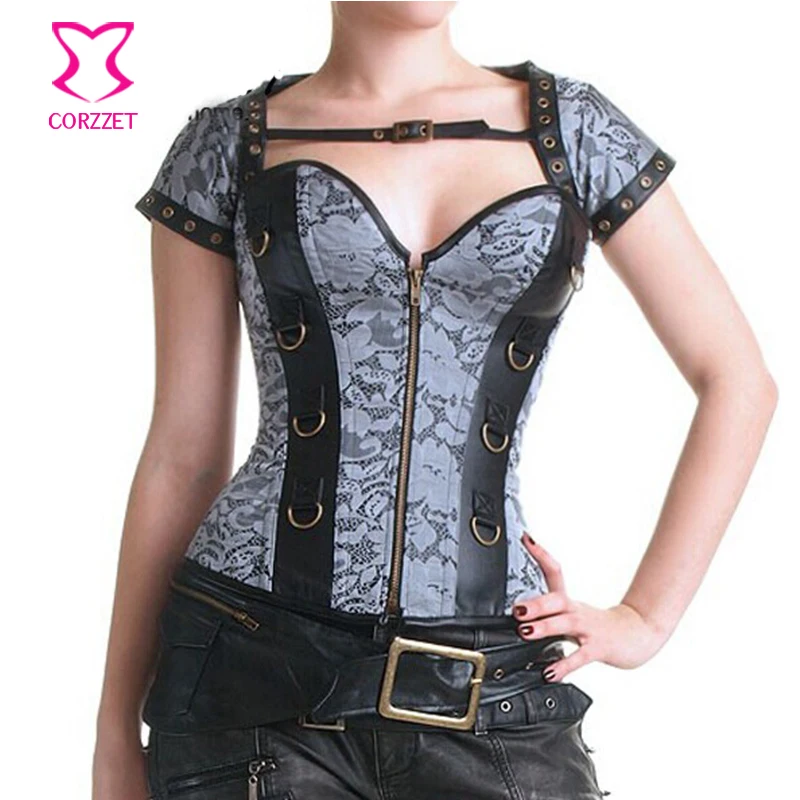 

Women Steampunk Outfit Zipper Bustier & Corsets Clothing Set Burlesque Steel Boning Waist Training Corselet Fashion Corpete
