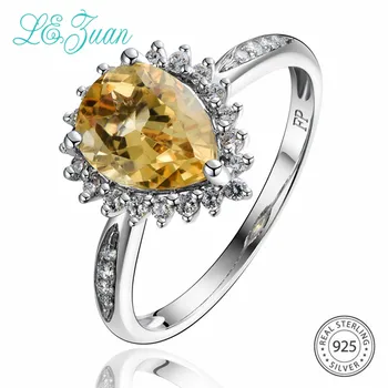 

L&zuan 1.63ct Water Drop Natural Citrine Ring in Pure 925 Sterling Silver Prong Setting Rings White CZ Yellow Stone Fine Jewelry