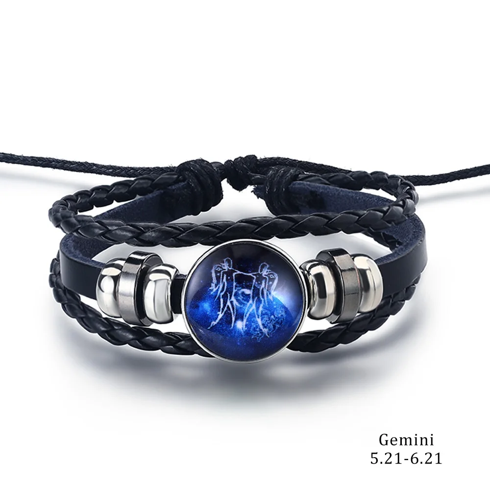 Новинка, 12 браслетов созвездий, кожаный плетеный браслет-талисман, цепочка, манжета, браслет для женщин и мужчин, серебряный цвет, браслеты, украшения - Окраска металла: Gemini