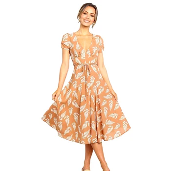 

2019 New Women Summer Leaves Print Knee Length Dress Sexy V -section Short Beach Dress Ladies Casual Dress