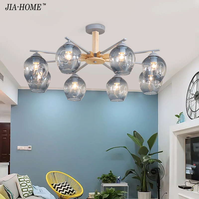 Creative Nordic LED Chandelier With Glass Ball For Living Room Bedroom Wooden Chandeliers E27