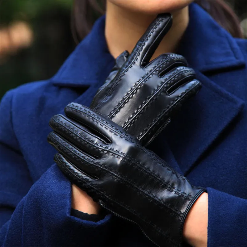 Новые женские перчатки из натуральной овечьей кожи на молнии; сезон осень-зима; теплые плюшевые модные черные перчатки для вождения; женские XC-111