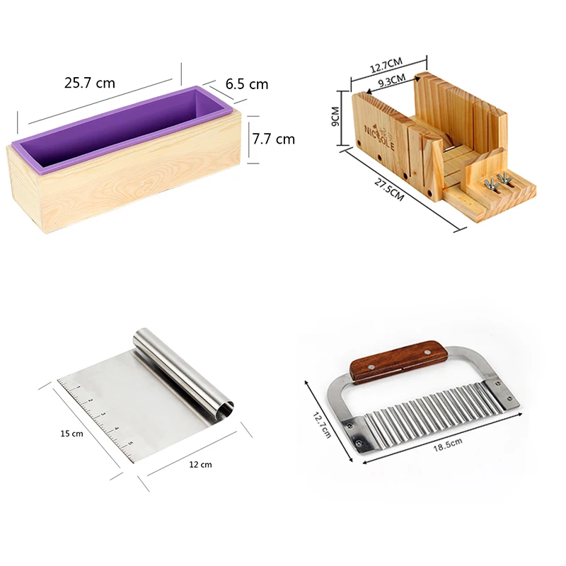 HOTOOLME Ensemble de moules à savon avec boîte en bois réglable coupe-savon en bois rectangulaire en silicone kit de fabrication artisanale 