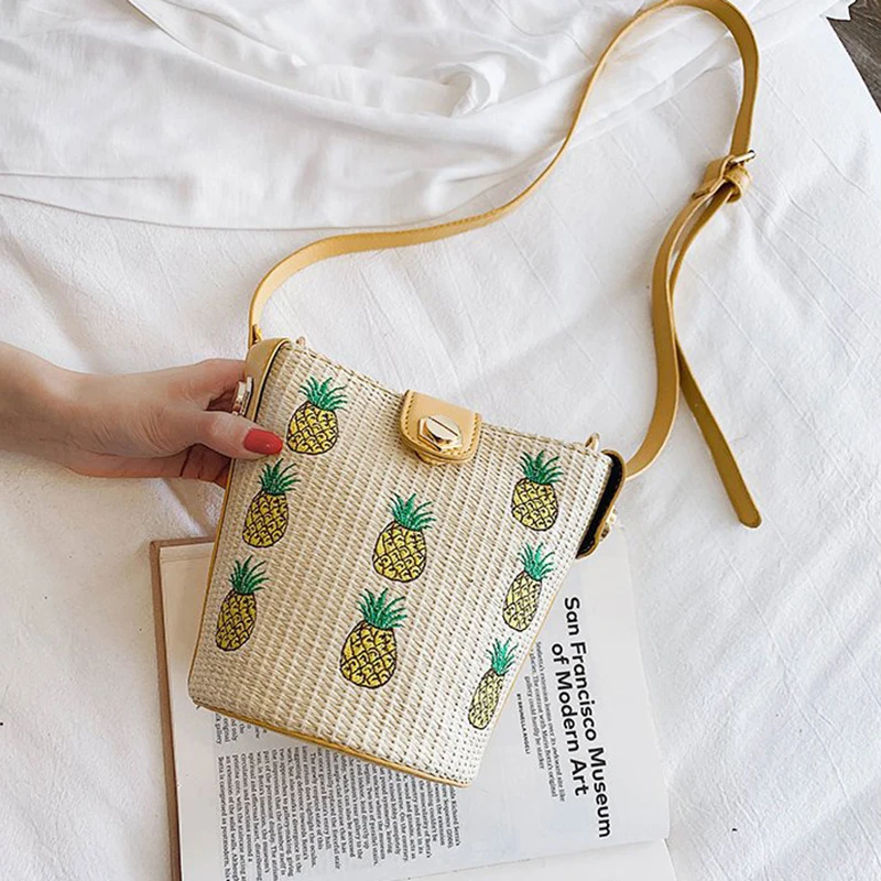 

Chic Pineapple Embroidery Straw Bucket Bag Women Handbags Fashion Summer Straw Shoulder Messenger Bag Cute Cartoon Crossbody Bag