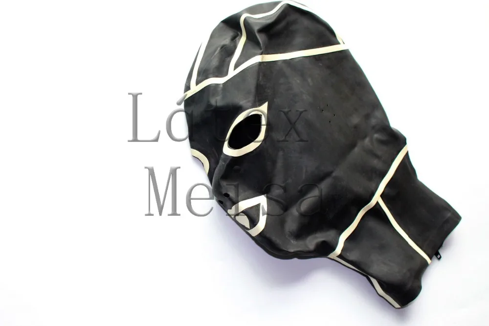 

Novelty latex catsuit hoods open eyes nostrils black patchwork white colors with back zip for adults