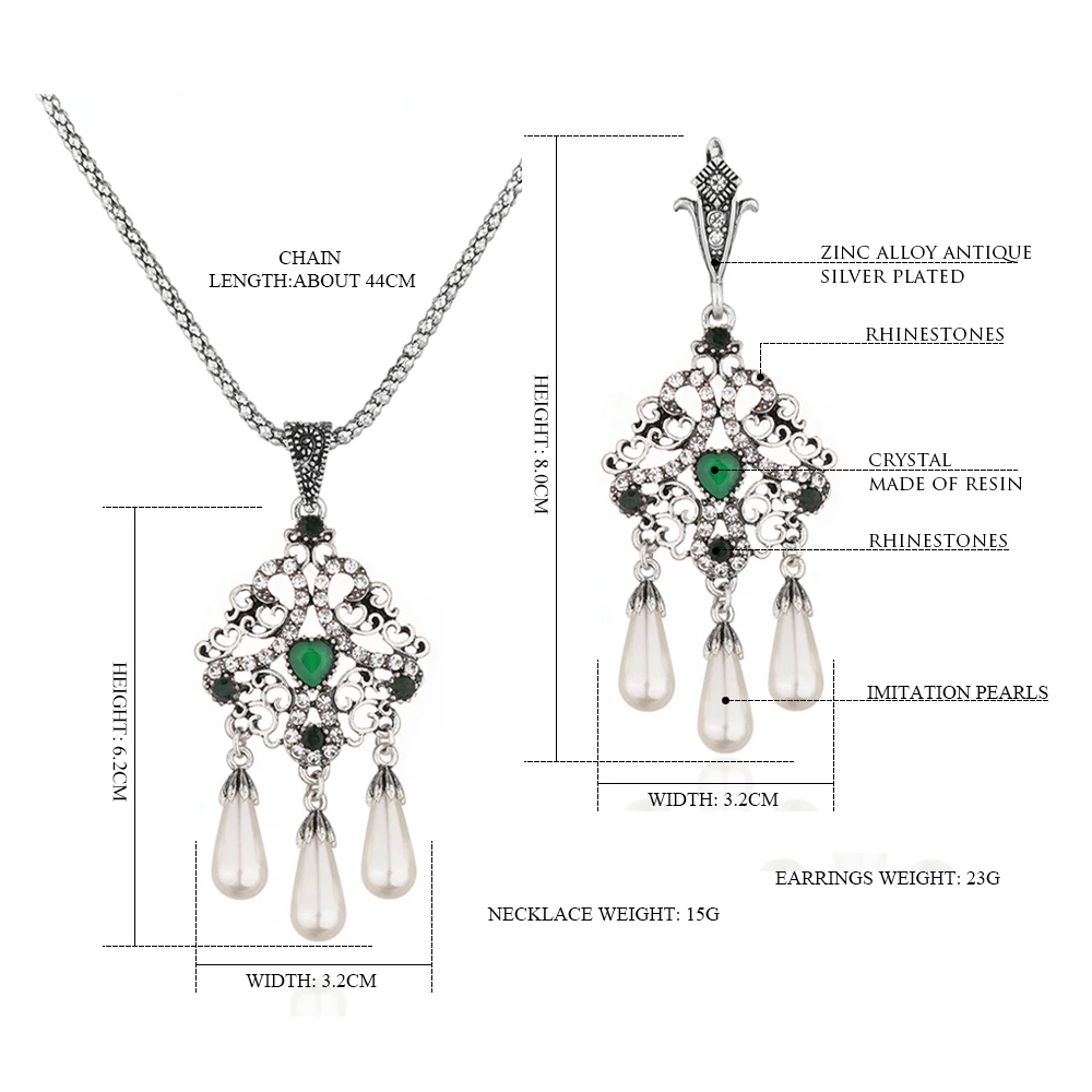 Серьги с зажимами и ожерелье в комплекте, Турецкая винтажная бижутерия серебристого цвета, арабские невесты, зеленые кристаллы из смолы, груши, этнические ювелирные изделия