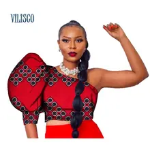 Африканский Базен Короткие топы, футболки для детей для женщин; Большие размеры Для женщин в африканском стиле с принтом на Одно Плечо Топы с рукавами-буффами Костюмы Дашики WY2690