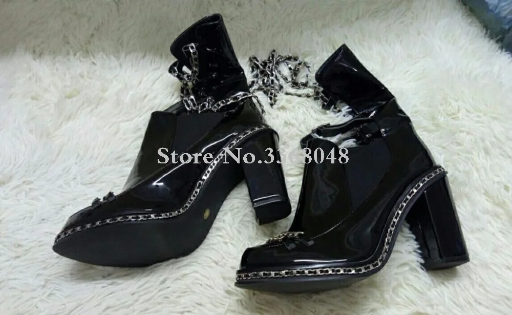 Online Fall Winter Ankle High Black White Motorcycle Boots Shoes Women Chained Overknee Boot Chunky Heels Big size