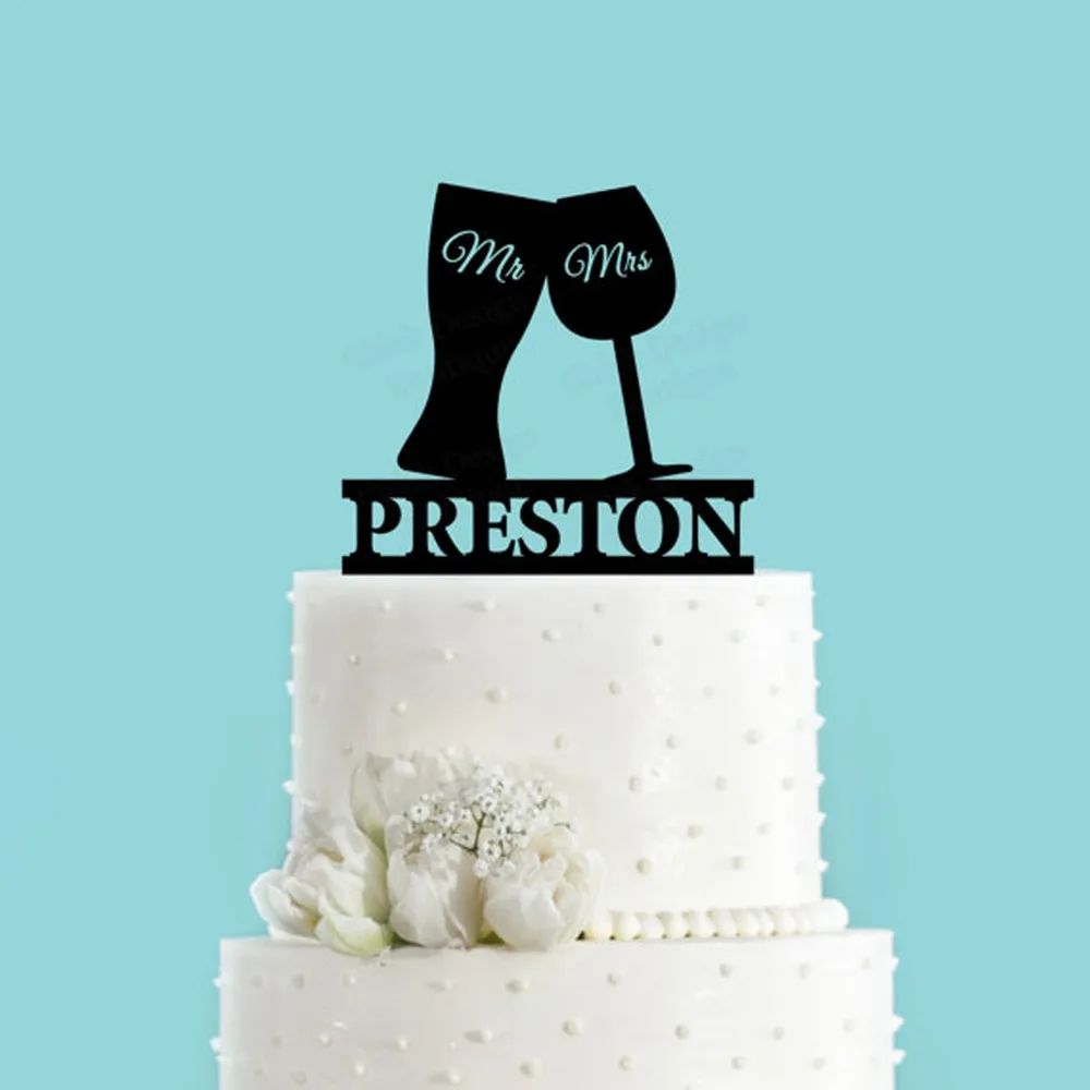 Custom Beer & Wine Glass Toasting Wedding Cake Topper Personalized Mr
