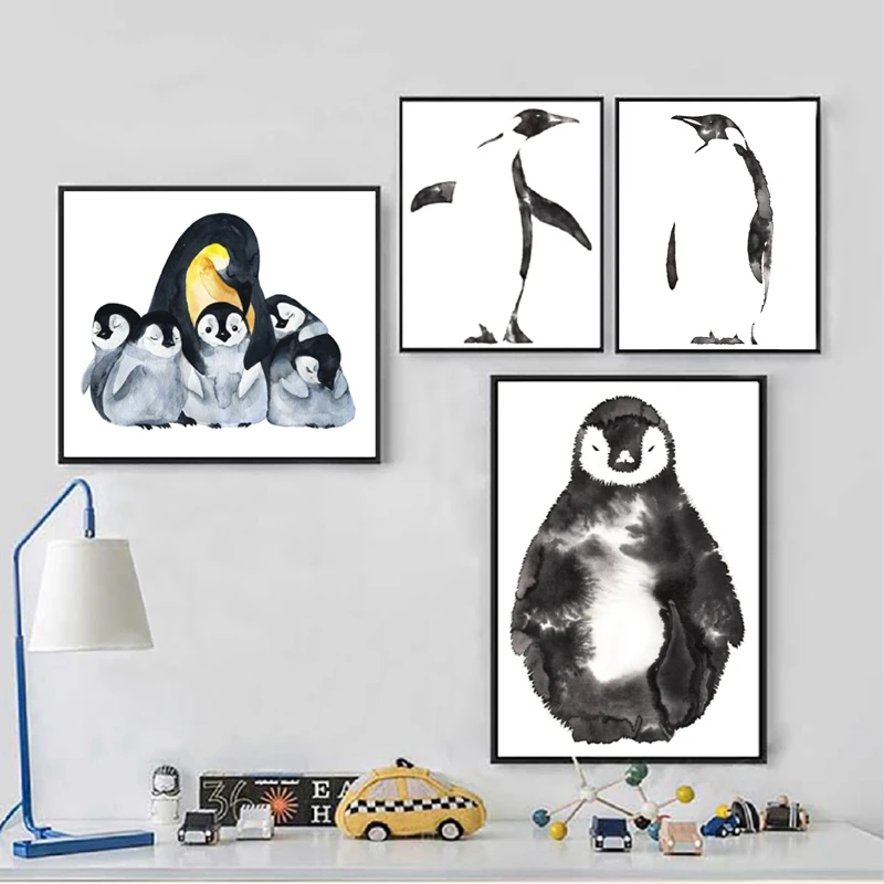 Penguen Aile Baski Resimleri Suluboya Hayvan Penguen Tuval Sanat