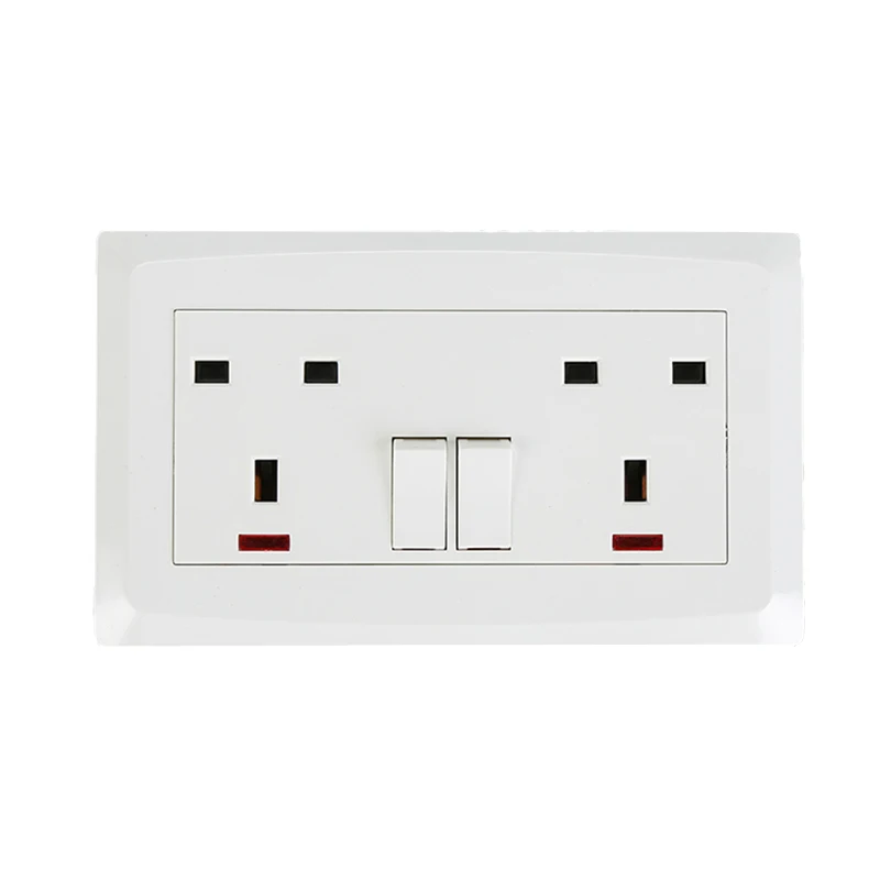 

British PC Double 13A Switch Socket With Neon CE Wall Switch 220V-250V 50/60Hz Home Push Button Switch White Alloy Accessories