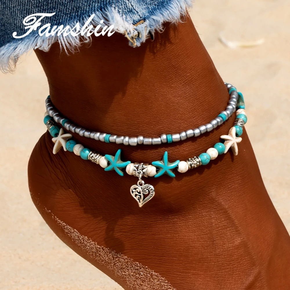 

FAMSHIN Vintage Shell Beads Love Anklets For Women New Multi Layer Anklet Leg Bracelet Handmade Bohemian Jewelry Sandals Gift