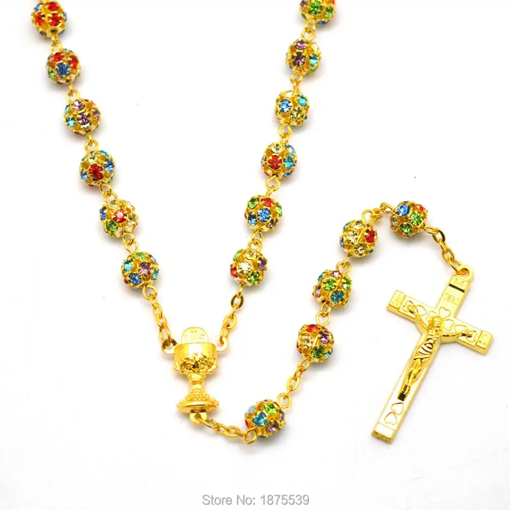 Gold Rosary Necklace Special Colorful Copper 8 mm Yellow Beadin Chain