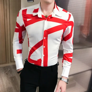 

Camisa Masculina High Quality Shirt Men Clothes Camisa Homem Red 2019 Autumn New Fashion Printing Long Sleeve Slim Fit Shirt Man