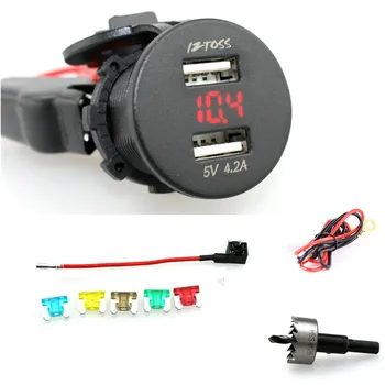 

4.2A USB Charger Socket Power 2.1A & 2.1A with Voltmeter for LED Light and 60cm cords Fuse holder 5pcs fuse and Twist Drilling