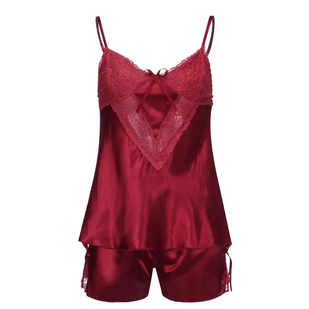 

Lace Sexy Sleepwear Set Womens Sexy Satin Sling Sleepwear Lingerie Lace Bowknot Nightdress Underwear Set Pijamas de mujer