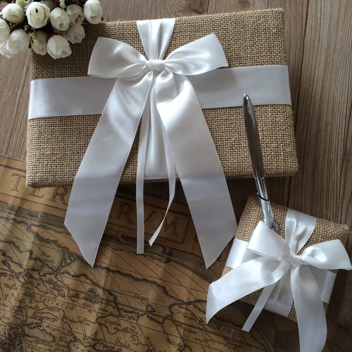 

Free Shipping craft material with white ribbon Wedding Guestbook and Pen Set 1077