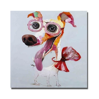 

Modern Abstract Cartoon Animal dog with glass Oil Painting On Canvas Handmade Wall Art Artwork for Kids Room Decor Unframed