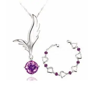 

2016 Top sale 925 sterling silver jewelry sets crystal angle wing pendant necklace love heart bracelet wholesale