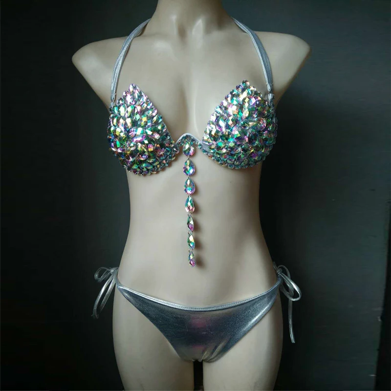 

2018 New Arrival Fashion Silver Gold Pink Green Bodycon Beach Bikini Top Quality Bling Beading Halter Bow 2 Pieces Set Bodyisuit