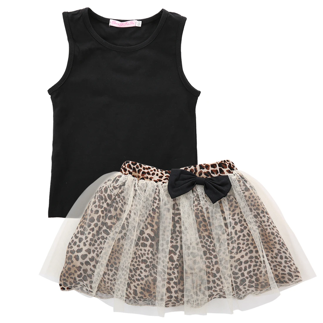 

2018 Fashion Hot Kid Baby Girl Sleeveless Princess Cotton Round Collar Top+Lace Dress 2Pcs Suit Outfit set leopard Print