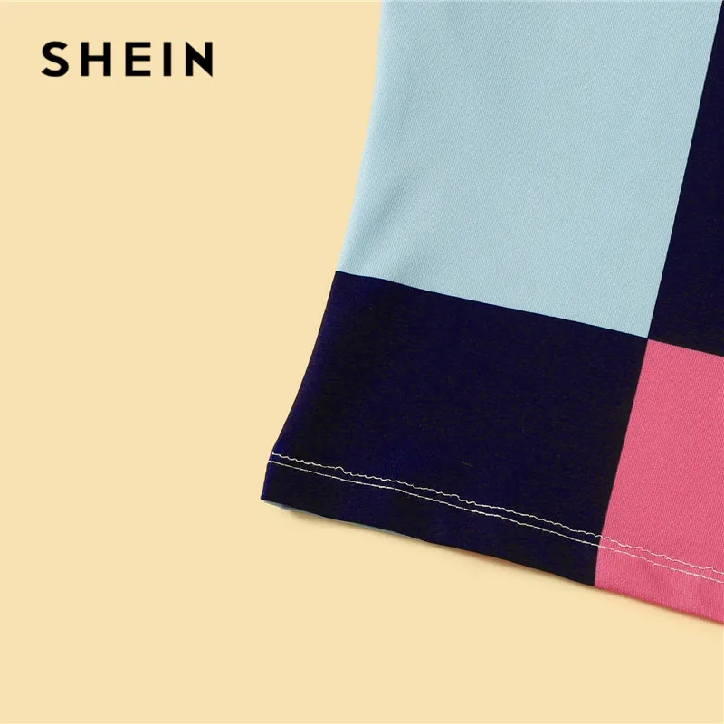 SHEIN модная цветная Лоскутная футболка с воротником, женская одежда, летняя повседневная Приталенная футболка со стоячим воротником, цветные женские топы