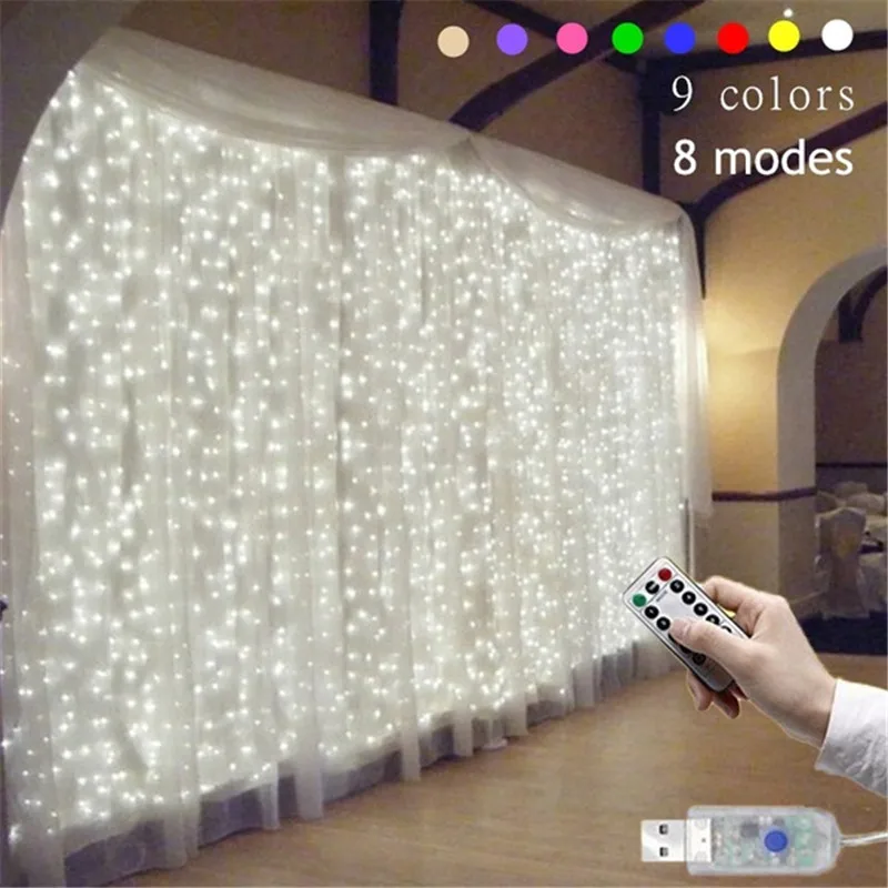 

3Mx3M 300 LED 9 Colors Lights Romantic Christmas Wedding Decoration Outdoor Curtain String Light Remote-control 8 modes USB Lamp