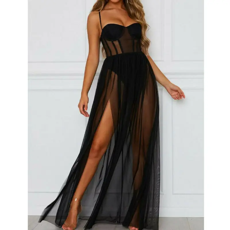 

Women Sheer Mesh Maxi Dress Vestidos de fiesta Sexy See Through Club Party Lace Dress Slit Cut Dress transparentes de mujer