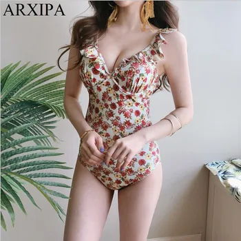 

ARXIPA 2019 Korean Women Swimsuit Ruffle One Piece Swimwear Underwire Elegant Retro Bathing Suit Push Up Floral Plunge New Hot