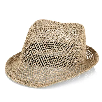 

Summer Hollow Straw Crochet Fedoras with Curled brim Strap Handmade Sunscreen Beach Hat Weed Vintage Panama Grass Jazz Octagonal