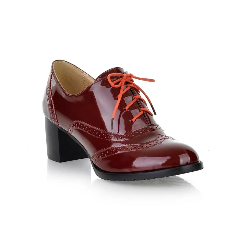 Женские туфли-оксфорды на высоком каблуке, осенние женские туфли-лодочки на толстом каблуке, броги, оксфорды, женская повседневная обувь, британский стиль, шнуровка - Цвет: Red