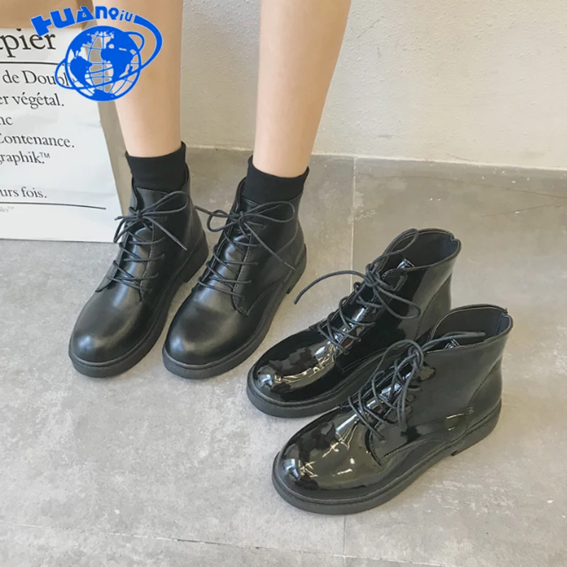 

HUANQIU Fashion European Style women Black Ankle Boots shoes Flats Round Toe Back Boots PU Leather Woman Shoes ZLL529
