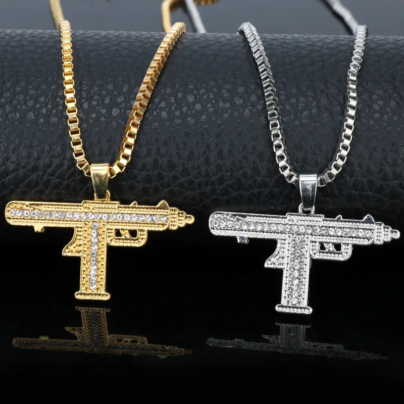 

Gold Necklace Gun Model Pendant Necklace Men Alloy Full Crystal Bling Submachine Chain Hip Hop Cyclist Accessories Male Necklace