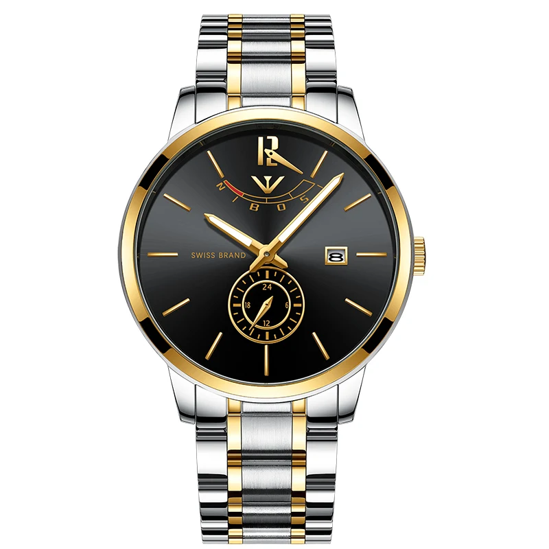 NIBOSI мужские часы Топ Бренд роскошные оригинальные аналоговые часы для мужчин водонепроницаемые/Роскошные повседневные часы из нержавеющей стали Erkek Kol Saati - Цвет: Gold silver black s