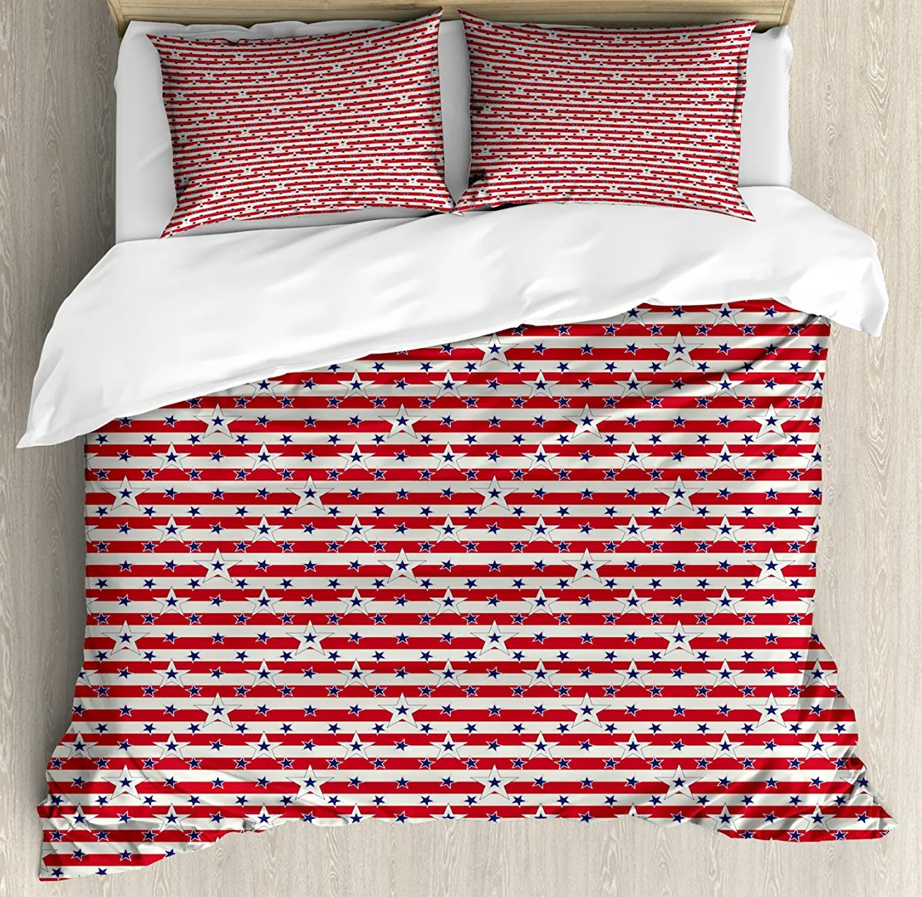 

4th of July Duvet Cover Set, Stripes with Stars Freedom and Liberty of the USA National Holiday, 4 Piece Bedding Set