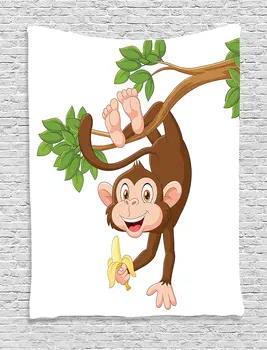 

Cartoon Decor Tapestry Wall Hanging Funny Monkey Hanging From Tree And Holding Banana Jungle Animals Theme Mascot Print