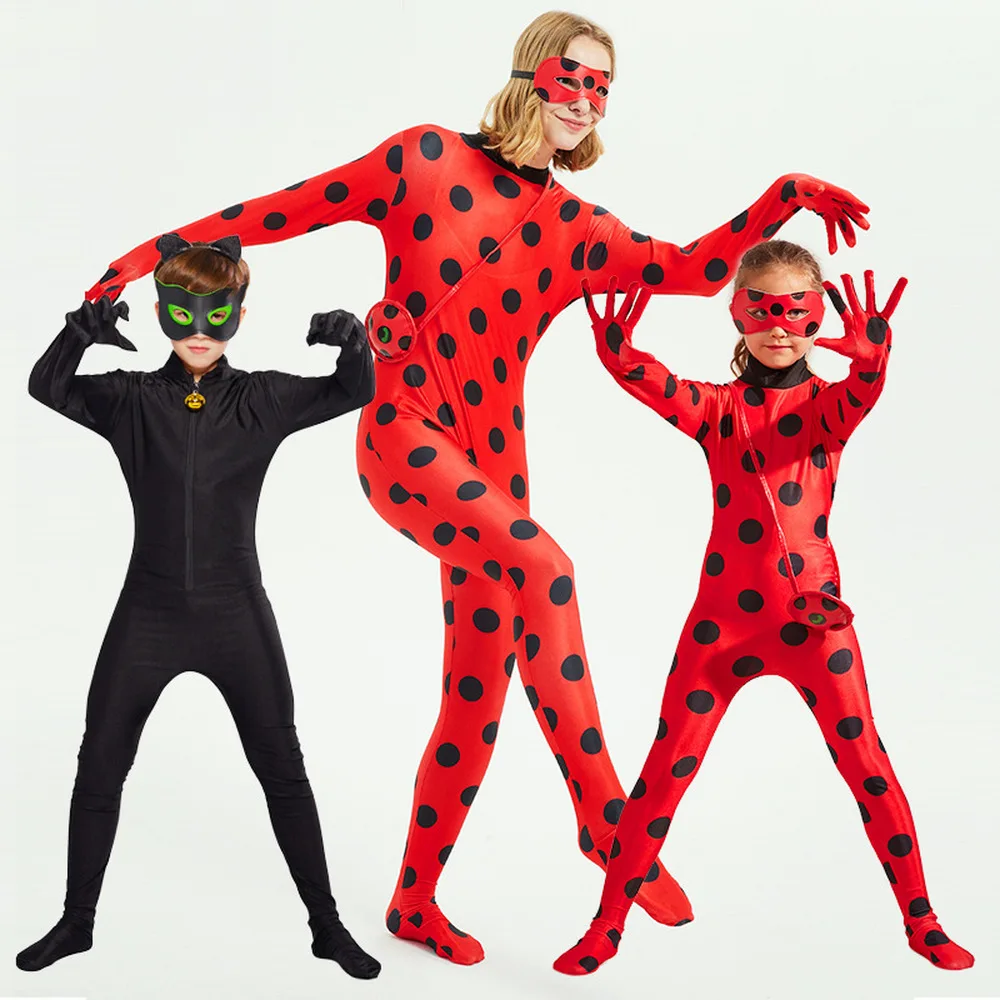 

Carnival Kids Adult Lady Bug Costumes boys Cat Noir clothing Girls Women Child ladybug Costume Fancy Halloween Cosplay Marinette