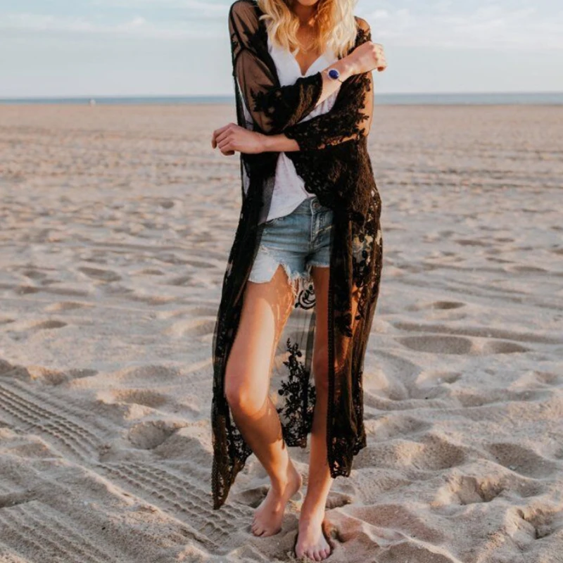 2018 Summer Kimono Women Clothes Sexy Bikini Cover-up Cardigan Lace Floral Beach Kimonos Mujer Outwear Shirt Long Sun Protection