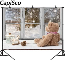 Capisco fotografia pano de fundo fundo da floresta da neve do Natal velho urso janela decoração presente da foto do retrato shoot prop photocall