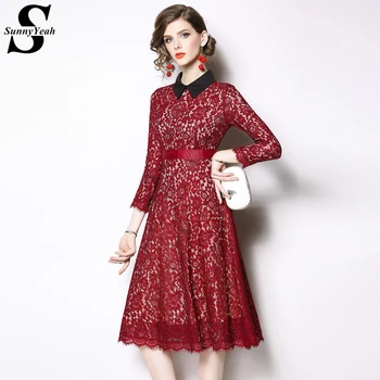 

Red Hollow Out Lace Dress Women 2020 Spring Elegant Party Dress High Quality Fashion Midi Ladies Dresses Robe Femme Vestidos
