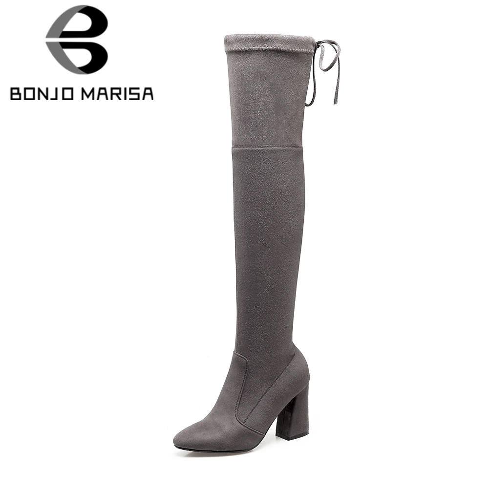 

BONJOMARISA 2018 Autumn Plus Size 33-46 Soft Stretch Over Knee Thigh High Boots Women High Heels Boots slip-on Shoes Woman