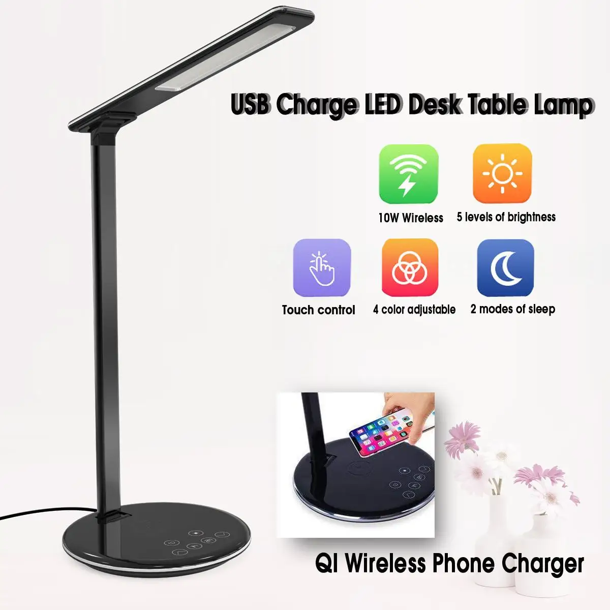 

Multi-function Folding Eye Protection LED Desk Table Lamp with Qi Wireless Desktop Charger USB Output Business office light
