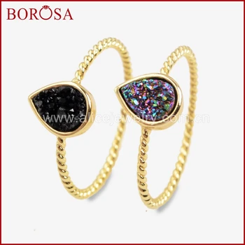 

BOROSA 10PCS Elegant Gold Color Teardrop Rainbow Drusy Rings, Natural Agates Titanium Druzy Bezel Ring Jewelry for Women ZG0288