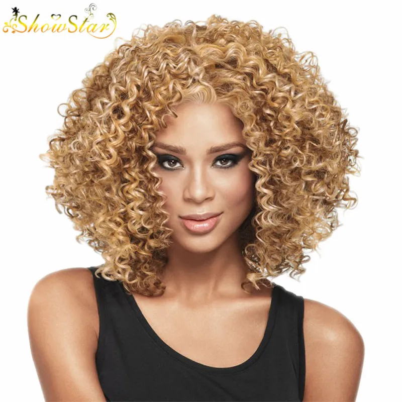 SHOWSTAR Blonde Brown Afro Kinky Curly Wigs Synthetic Hair Wigs for