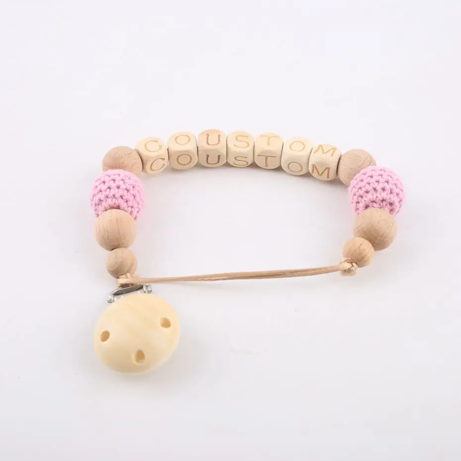 Personalized Name New Baby Pacifier Chain For Baby Feeding Dummy Chain Wooden Crochet Bead Eco-friendly Pacifier Clip Binky Clip